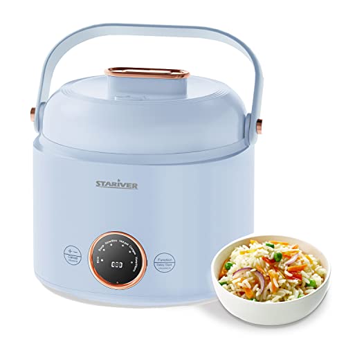 Stariver Small Rice cooker, 2 Cups Uncooked Mini Portable Rice Cooker with Handle, Non-Stick Ramen cooker, PFOA-Free, Rice Maker with Keep Warm & Delay Start Function, Electric Hot Pot, Blue