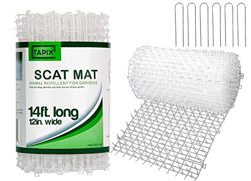 Cat Scat Mat Clear (14 ft.) with 10 Staples, Anti-cat Network with Spikes Digging Stopper - Cat Deterrent Mat for Indoor and Outdoor