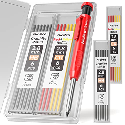 Nicpro Solid Carpenter Pencil for Construction with 13 Refills Leads and Built-in Sharpener, Red Deep Hole Markers Construction Pencils, Woodworking Pencil for Architect