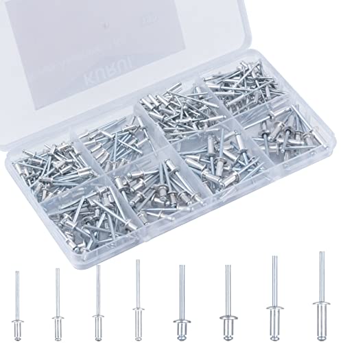 KURUI Pop Rivets Assortment Kit, 190PCs Aluminum Rivets Set in 8 Sizes 1/8*1/4", 1/8*5/16", 1/8*3/8", 1/8*1/2", 3/16*1/4", 3/16*5/16", 3/16*1/2", 3/16*5/8", Blind Rivets for Metal with Organizer