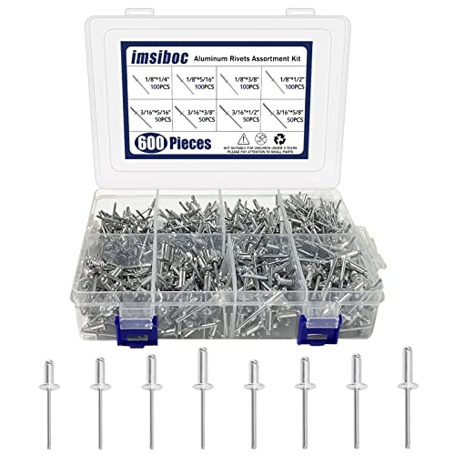 600PCS Aluminum Blind Rivets, 8 Sizes of Pop Rivets Assortment Kit1/8" x 1/4", 5/16", 3/8", 1/2"; 3/16" x 5/16", 3/8", 1/2", 5/8"