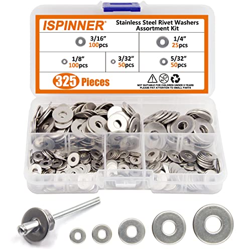 ISPINNER 325pcs Backup Rivet Washers Assortment Kit, Stainless Steel Washers for Blind Pop Rivets Diameter 3/32" 1/8" 5/32" 3/16" 1/4"(Silver)