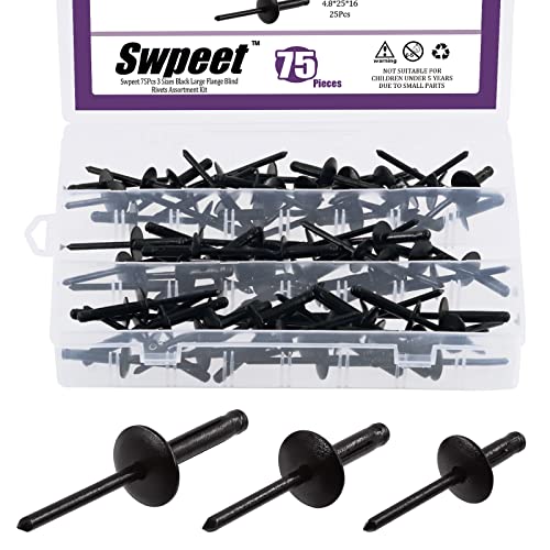 Swpeet 75Pcs 3/16" x 3/8" / 4/5" / 1" All Black Large Flange Aluminum Blind Rivets Kit, Black Pop Rivets Open End Type Pop Rivet for Indoor and Outdoor Use