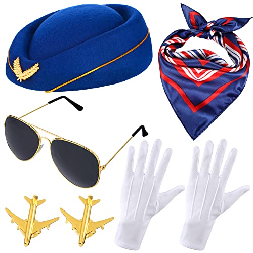 Bencailor 7 Pcs Women's Flight Attendant Costume Accessories Stewardess Outfits Flight Attendant Hat Sunglasses Scarf Gloves (Royal Blue)
