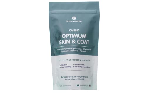 Dr. Bills Canine Optimum Skin & Coat (340g)  Skin Supplement for Dogs with Biotin, Type I & III Marine Collagen, Omega-3 Fatty Acids, Hyaluronic Acid, Biotin, & Folic Acid