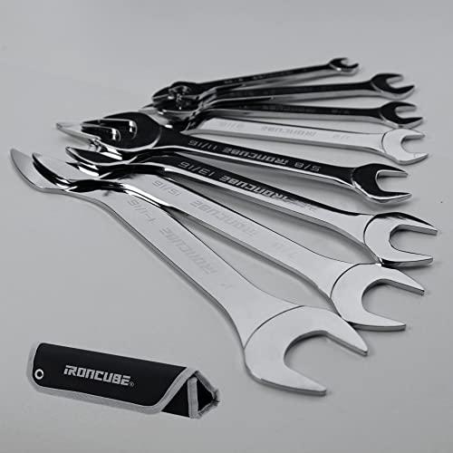 ironcube Super Thin Wrench Set, 8-Piece, SAE, 1/4, 9/32, 11/32, 13/32, 3/8, 7/16, 1/2, 9/16, 5/8, 11/16, 3/4, 13/16, 7/8, 15/16, 1, 1-1/16, Double Open End, Slim Wrench Set With Rolling Pouch