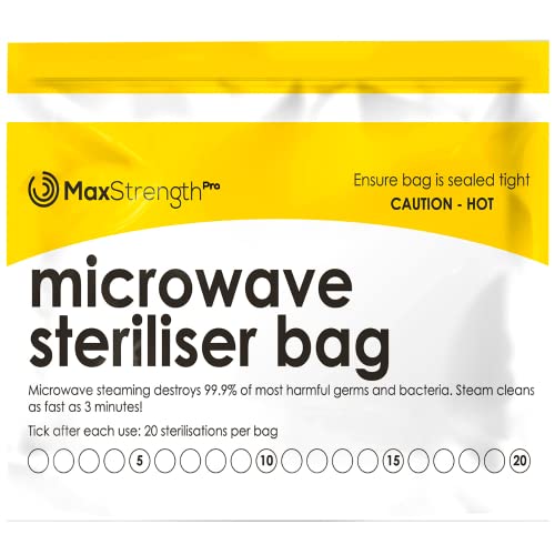 Premium Microwave Sterilizer Bags (20pcs) by Max Strength, Large & Durable Steam Bags for Baby Bottles, Soothers, Teethers & Training Cups, 20 Uses Per Bag & Marking System