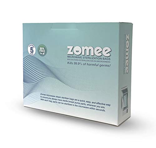 Zomee Microwave Steam Sterilizer Bags | Eliminates 99.9% of Germs and Bacteria | Disinfects Most Zomee Breast Pump Accessories | 5 Bags | Reusable for Up to 100 Sterilization Cycles