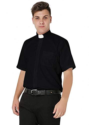 IvyRobes Men's Short Sleeves Tab Collar Clergy Shirt Large Black (Necksize 15.5")