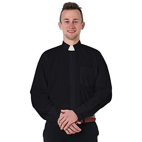 GraduatePro Men Priest Clergy Shirt Long Sleeves with Free Tab Collar Insert Black 17.5