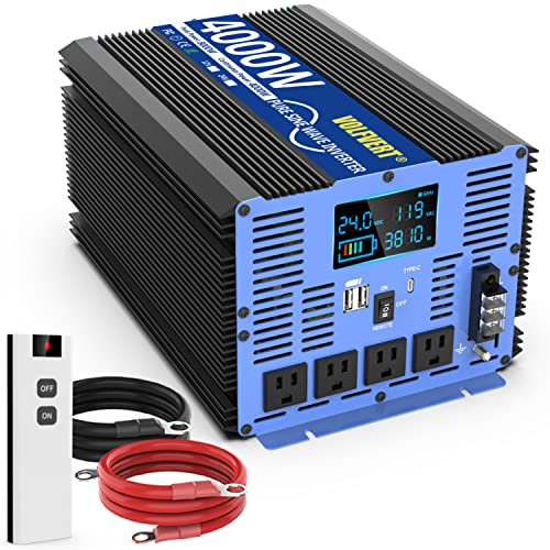 24V 4000 Watt Pure Sine Wave Power Inverters DC to AC 110V 120V with 4 AC Sockets Dual USB Ports Type-C Port AC Terminal Blocks LCD Display Remote Controller for Home RV Solar System Car