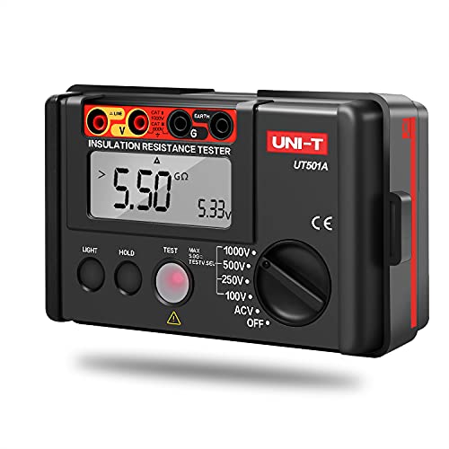 Insulation Resistance Tester, Ohm Meter, 100V/250V/500V/1000V Voltmeter 0 to 5G ohm Meter Megohmmeter, Ground Resistance Tester 2000 Counts LCD Display with Backlight (UT501A)