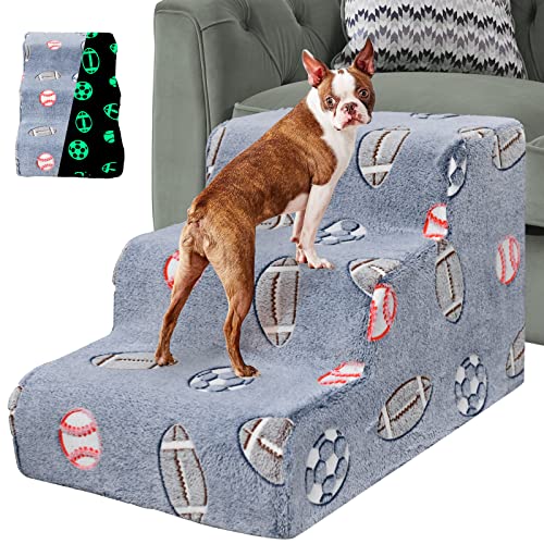 FURFUN Cat Stairs Foam Dog Stairs, Non Slip Small Medium Pet High Density Foam Dog Soft ramp Steps for Sofa Bed, Odorless Luminous Cover, Best for Older Injured Dog Cat, 3 Steps, Blue-Grey