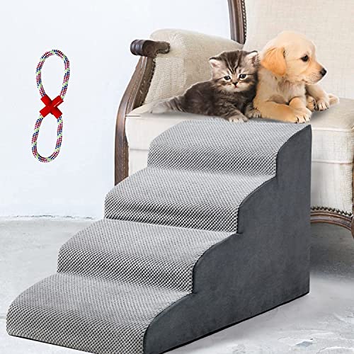 LitaiL 4 Tiers High Density Foam Pet Steps for Dogs or Cats with Cover, Anti-Slip Design at Bottom of Ramps, Suitable for Pets with Joint Pain, Old Cats, Fat Pets, Short Legged Pets -Gray