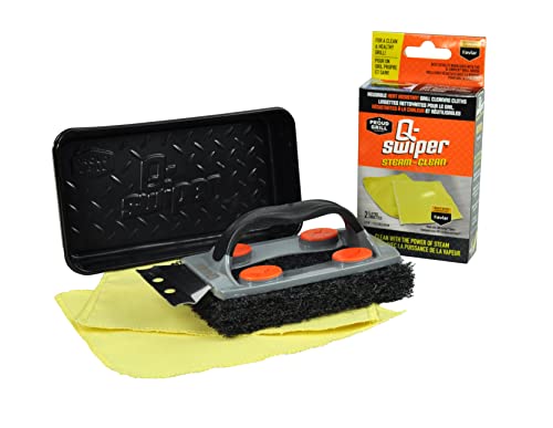Q-Swiper Steam Clean BBQ Grill Cleaner Set - 1 Grill Brush with Scraper, 2 Heat Resistant Kevlar Cloths, 1 Tray | Bristle Free | Safe Way to Steam Away Grill Grease & Grime