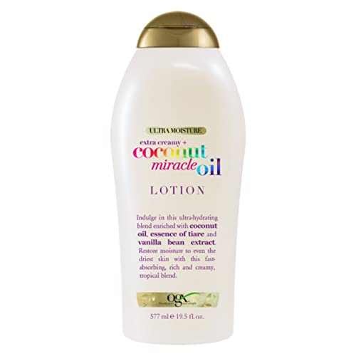 OGX Extra Creamy + Coconut Miracle Oil Ultra Moisture Body Lotion with Vanilla Bean, Fast-Absorbing Body Lotion for All Skin Types, Paraben-Free and Sulfated-Surfactants Free, 19.5 fl oz