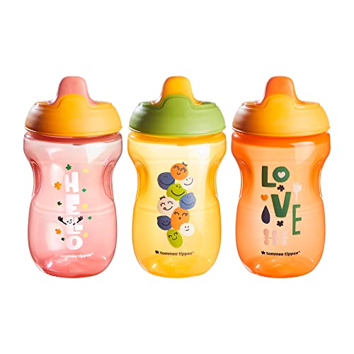 Tommee Tippee Sippee Cup, Water Bottle for Toddlers, Spill-Proof, BPA Free, Colorful and Playful Designs, 10oz, 9m+, Pack of 3, Pink, Orange and Red