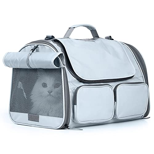 FUKUMARU Cat Carrier Airline Approved, Soft Sided Dog Carrier, Collapsible Cat Travel Bag, Under 44 lb Small Medium Large Pet Carrier, Rollable Cover for Nervous Cats, Grey