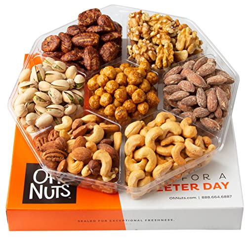 Mothers Day Oh! Nuts 7 Variety Roasted Salted Nuts Holiday Gift Basket - 1.8 LB Prime Gourmet Assortment Nuts Tray, Gift Ideas for Birthday, Anniversary, Corporate for Men and Women