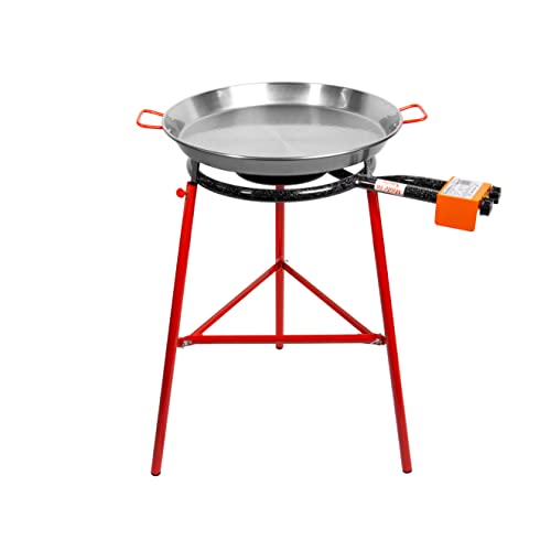 Machika Tabarca Paella Kit with 22-inch Carbon Steel Pan | 8-16 in Double Ring Paella Burner and Stand Set (33 in) | Perfect for Gastronomic Events, Caterings, Camping | 14 Servings |