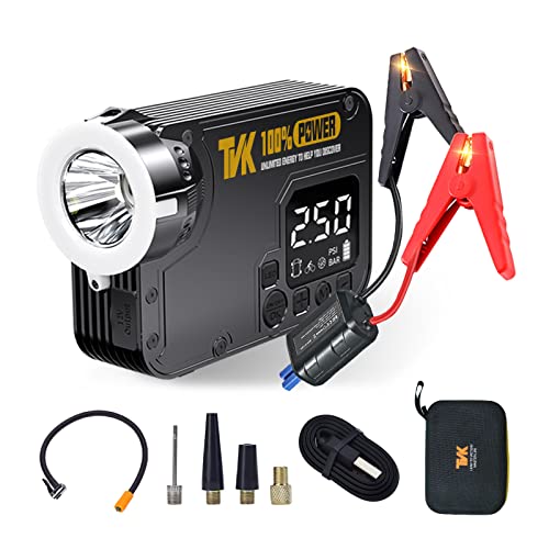 TVK Car Battery Charger Jump Starter with Air Compressor, Fekux Ultra Safe Portable Jump Starter with Digital Tire Inflator, 12000 mAh 12V LED Flashlight Jump Starter Battery Pack