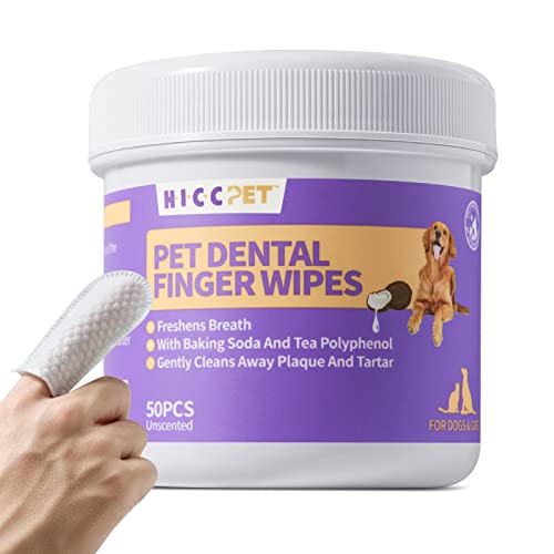 HICCPET Teeth Cleaning Wipes for Dogs & Cats, Remove Bad Breath by Removing Plaque and Tartar Buildup No-Rinse Dog Finger Toothbrush, Disposable Gentle Cleaning & Gum Care Pet Wipes, 50 Counts
