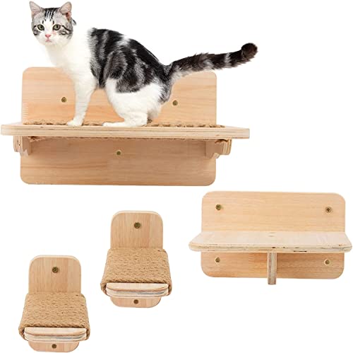 4 Pcs Wall-Mounted Cat Hammock Climbing Steps Set, Cat Shelves Perches with Scratching Mat, Cat Wall Furniture for Indoor Cats Playing Lounging Climbing