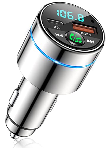 FM Transmitter for Car Bluetooth 5.3, RIWUSI [All-Metal] PD 20W & QC3.0 18W Fast Car Charger, Wireless FM Radio Car Kit Bluetooth Car Adapter, Noise Cancelling Hands-Free Call, Hi-Fi Music, Blue Light