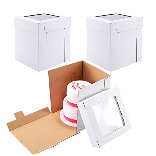 Huoshange Tall Cake Boxes for Tier Cakes,10x10x12 Inch [3Pack ] Sturdy Tall Cake Box with Window,White Cake Boxes,Layer Cake Carrier,Disposable Cake Containers