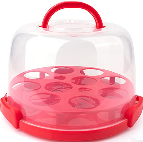 KUMICA Cake Carrier with Handle. Double Side Tray with 3 Snap Locks. 10inch Base Container with Serving Spatula Included. (RED)