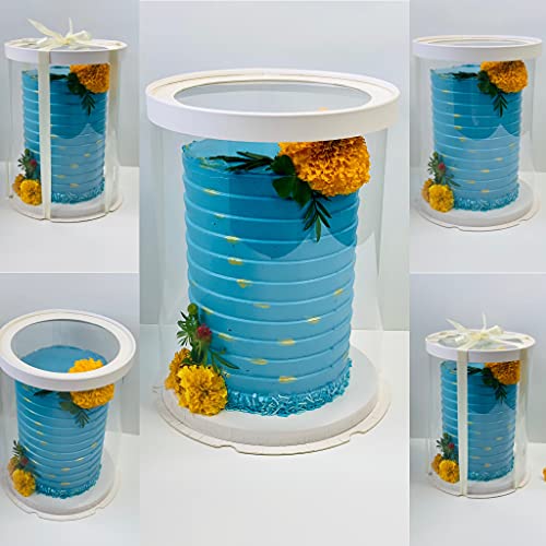 Sweet Degrees Kitchen 5 PCs Tall Clear Cake Boxes With Ribbon - Round Clear Cake Box - Transparent Cake Box - Tall Cake Carrier - Clear Gift Boxes (White 8.5" D x 11.75" H)
