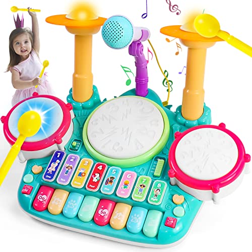 Baby Drum Set Toys for Toddlers 1-3 Year Old Girls, Kids Musical Instruments Toy with Microphone Lights Piano Keyboard Early Learning Educational for 1 2 3 Year Old Girls Boys Birthday Gifts