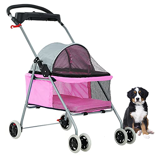 BestPet Pet Stroller 4 Wheels Posh Folding Waterproof Portable Travel Cat Dog Stroller with Cup Holder,Pink