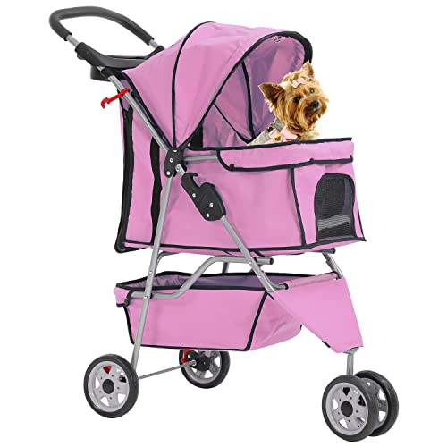 Dog Stroller, Pet Stroller Wheels Carrier Strolling Cart Travel Folding Cart for Puppy Small-Medium Dog, Cat (Pink)