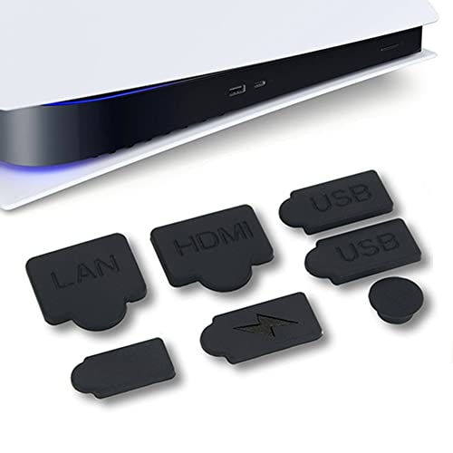 7 Pieces Silicone Dust Plugs Compatible with Ps5 Digital & Disc Edition Console Dust Cover, USB HDMI Interface Type A/C LAN Port Dustproof Protector Plug-Black(A)