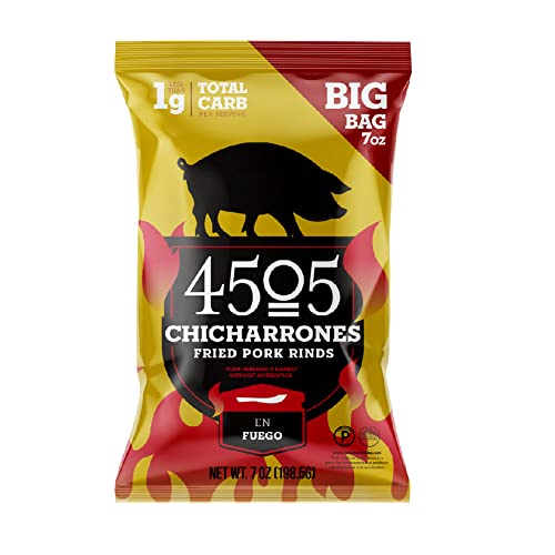 4505 Meats En Fuego Pork Rinds, Gluten Free Chicharrones, Keto Certified, Family Size Bag, 14 Servings, 7 Ounces