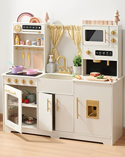 Tiny Land New Modern Play Kitchen for Kids, Toy Kitchen Set with Plenty of Play Features, Kids Play Kitchen Designed in Trendy Home Style with Curtains, Gift for Ages 3+