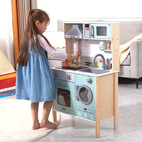 Wooden Play Kitchen with Lights & Sounds, Pretend Kitchen Playset with Stove, Sink, Cooker Hood, Microwave Oven, Baking Oven, Washing Machine, Trash Classification Can, Kitchen Playset Toy for Kids 2+