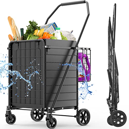 [2023 Upgrade] Shopping Cart with 360Swivel Wheels,Waterproof Liner, Double Basket,Portable Foldable Grocery Cart, Folding Utility Shopping Carts for Seniors,Groceries,Laundry,Transport