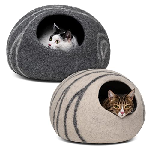 MEOWFIA 2 Premium Felt Cat Bed Caves Bundle (Dark Grey/Large + Light Grey/Large) - Eco Friendly 100% Merino Wool House for Cats and Kittens