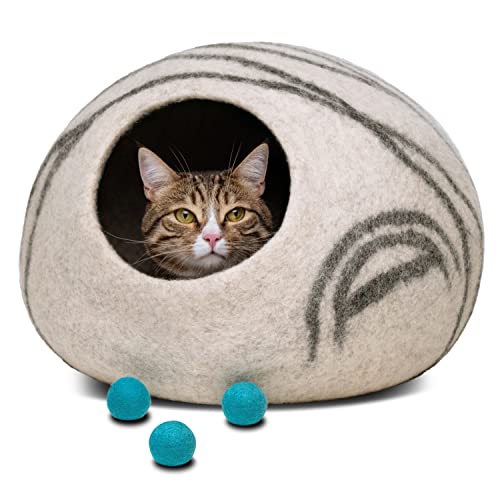 Meowfia Premium Felt Cat Bed Cave (Light Grey/Large) and Wool Ball Toys (6-Pack) Bundle