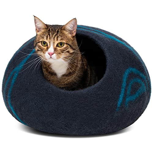 MEOWFIA Premium Felt Cat Bed Cave (Black Aqua/Medium) and Wool Ball Toys (6-Pack) Bundle