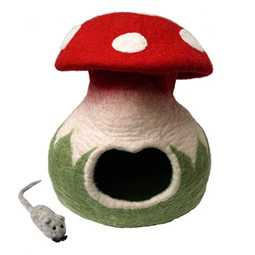 Mokoboho 100% Wool Felt Cat Cave Bed Mushroom Handmade in Nepal with Free Mouse Toy Included