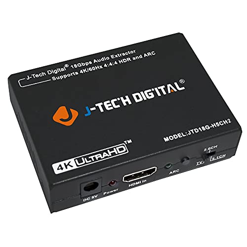 J-Tech Digital 4K60Hz HDMI 2.0 Audio Extractor HDMI-ARC Converter SPDIF + 3.5MM Output 18Gbps, HDCP 2.2, 1080P@120Hz, 1080P@144Hz, Compatible with Dolby_Digital/DTS CEC HDR10 [JTD18G-H5CH2]