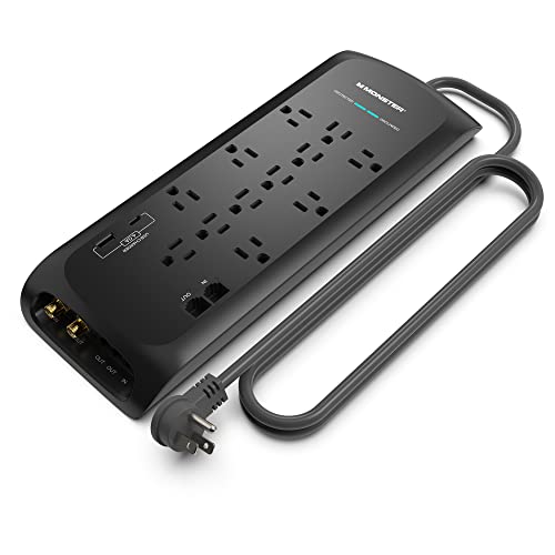 Monster 6ft Black Power Strip and Tower Surge Protector, Heavy Duty Protection with 4050 Joule Rating, 12 120V-Outlets, 1 USB-A, and1 USB-C Ports - Ideal for Computers, Home Theatre, Home Appliances