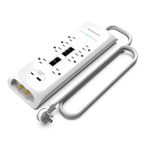 Monster 6ft White Heavy Duty Power Strip and Tower Surge Protector, 4050 Joule Rating, 8 120V-Outlets, 1 USB-A and 1 USB-C Port - Ideal for Computers, Home Theatre Home Appliances and Office Equipment