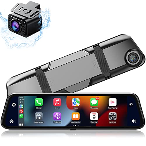 12" Mirror Dash Cam Wireless CarPlay Wireless Android Auto, Dash Cam Front and Rear Backup Camera Rear View Mirror Smart Screen for Cars & Trucks Night Vision, Parking Assistance Dual Cameras+64G Card