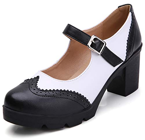 DADAWEN Women's Leather Classic Platform Mid Heel Mary Jane Square Toe Oxfords Dress Shoes Black/White US Size 8.5