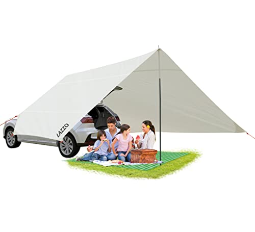 LAZZO 14 x 17FT Camping Tent Tarps with Poles Portable Car Awning Sun Shelter SUV Tailgate Shade Tent Truck Canopy for Camping Road Trip,Hiking,Backpacking and Traveling Beige (White)