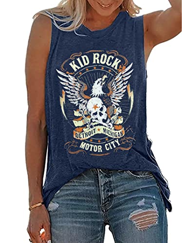 Kid Rock Skeleton Eagle Tank Top for Women Vintage Retro Rock Roll Music Shirts Sleeveless Concert Buddy Tank Tops (Large, Navy Blue)